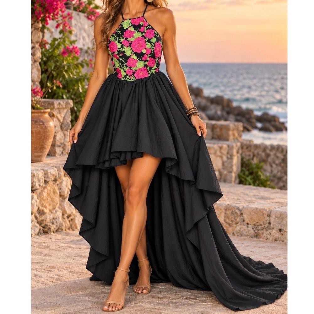 Floral Embroidered High Low Halter Formal Train Dress Black Pink Small Gala
